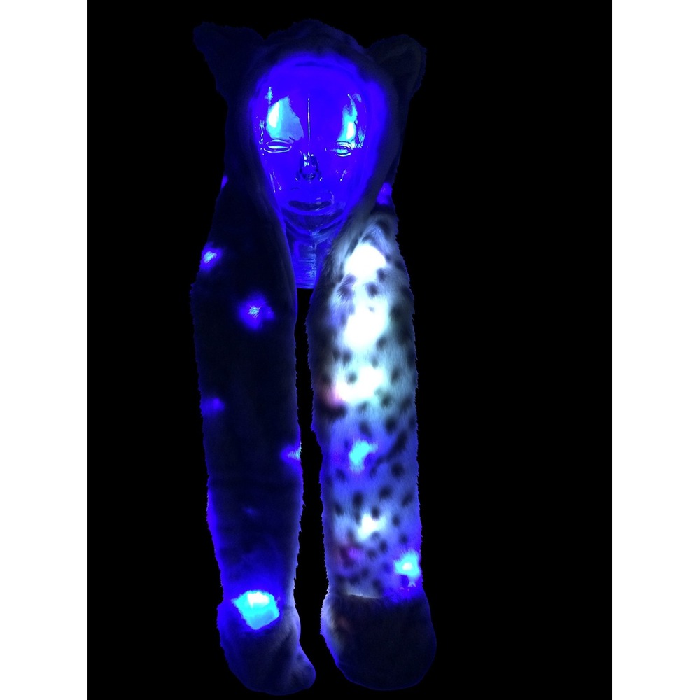 LED Light Up Snow Leopard Hat Scarf Gloves Faux Fur Spirit Hood w/ Paws Cosplay - Picture 8 of 9